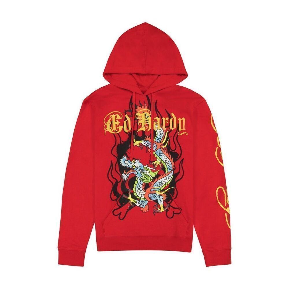 NWT Ed Hardy Red Flash Tattoo Dragon Hooded Sweatshirt Men's L